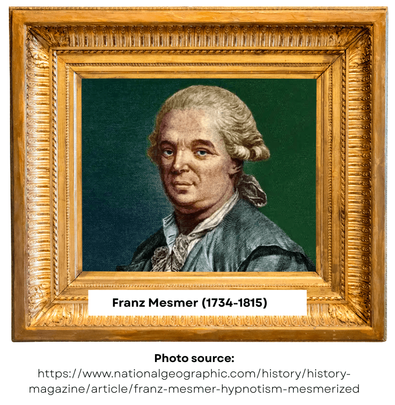 Portrait of Franz Mesmer (1734–1815) framed in an ornate gold frame with a green background, depicting an 18th-century gentleman in a blue-grey coat and white cravat.