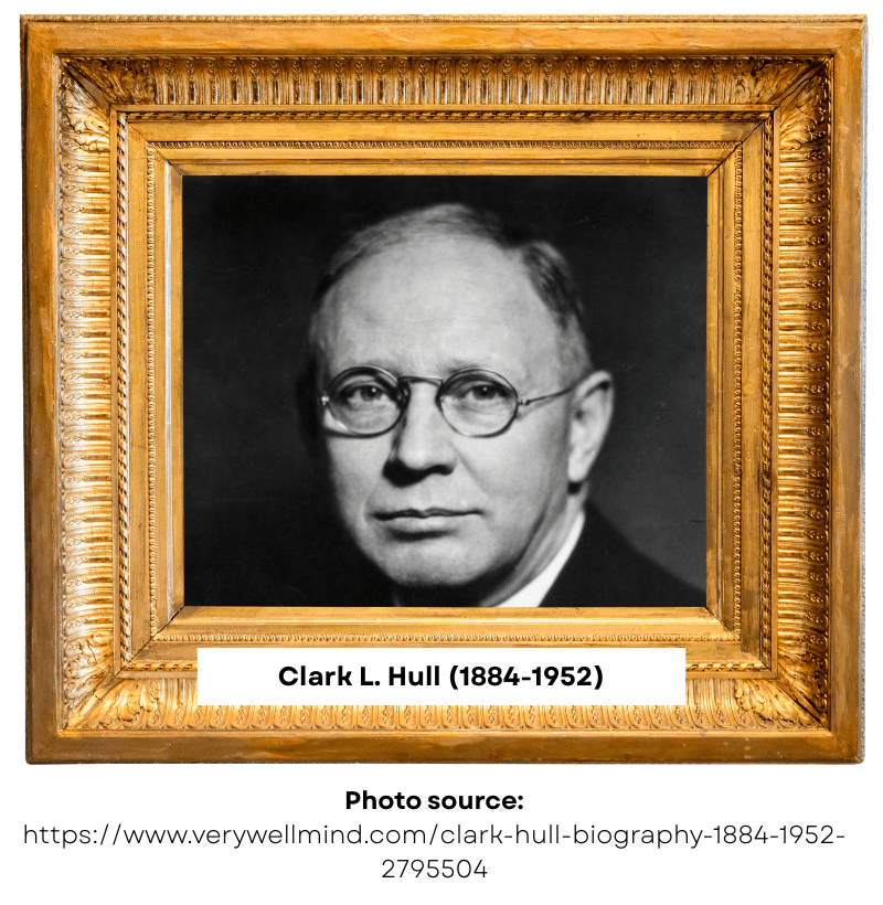 Black and white portrait of Clark Hull wearing round glasses, set within an ornate gold frame; detailed facial features and formal expression.