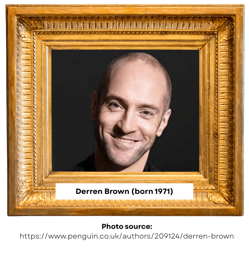Derren Brown portrait in a gold ornate frame against a dark background, smiling warmly, head-and-shoulders shot, born 1971