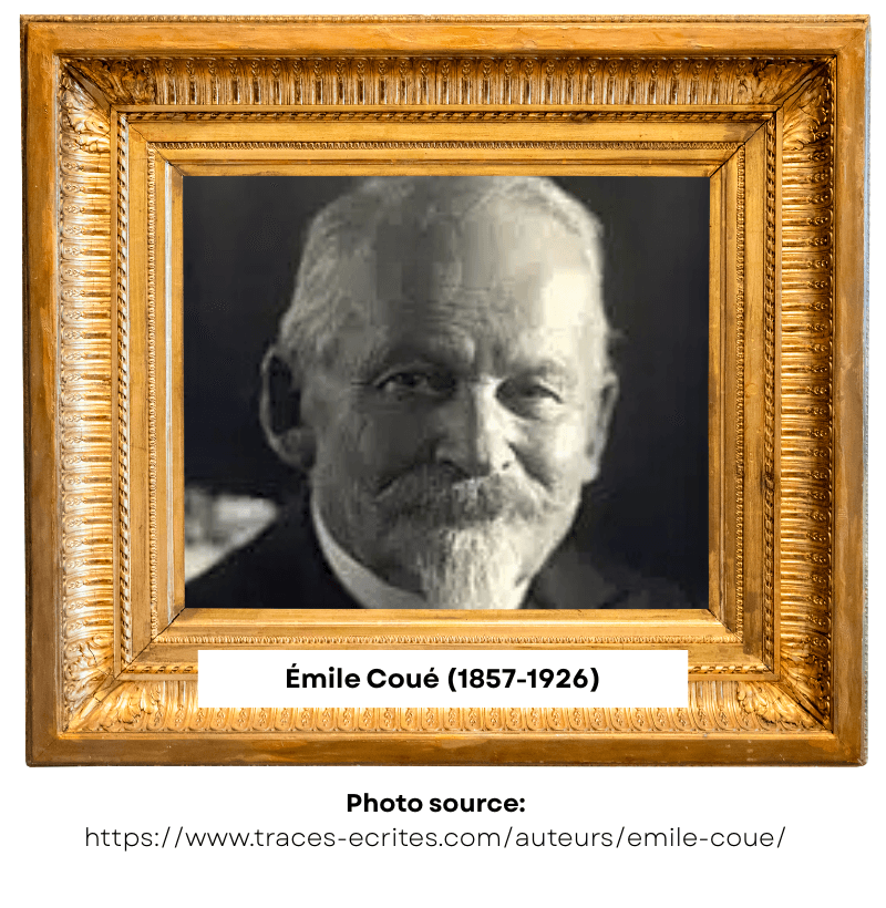 Portrait of Émile Coué, framed in an ornate gold frame; elderly man with grey hair and white beard, smiling softly