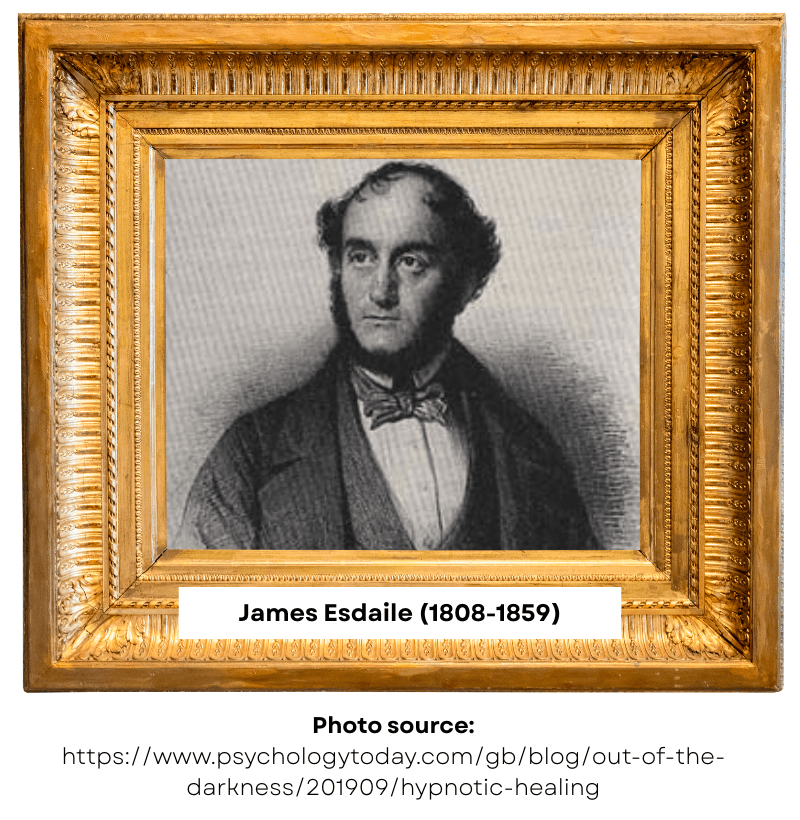 James Esdaile (1808–1859) portrait in a gilded ornate frame; black and white engraving highlighting the circa 19th-century attire