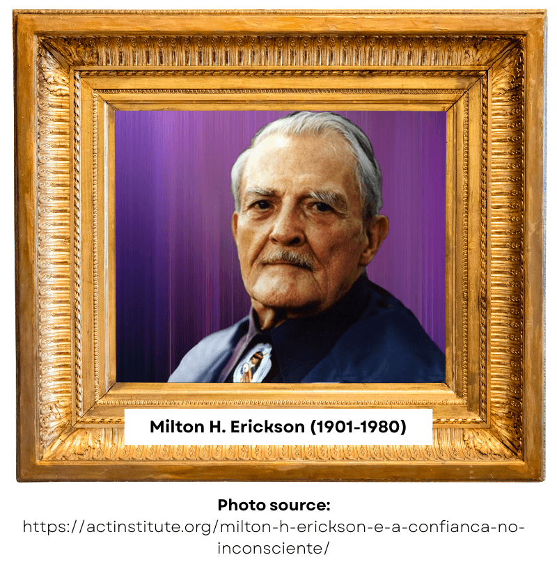 Portrait of Milton H. Erickson, an elderly man with white hair, wearing a dark blue suit, set against a purple gradient backdrop inside an ornate gold frame