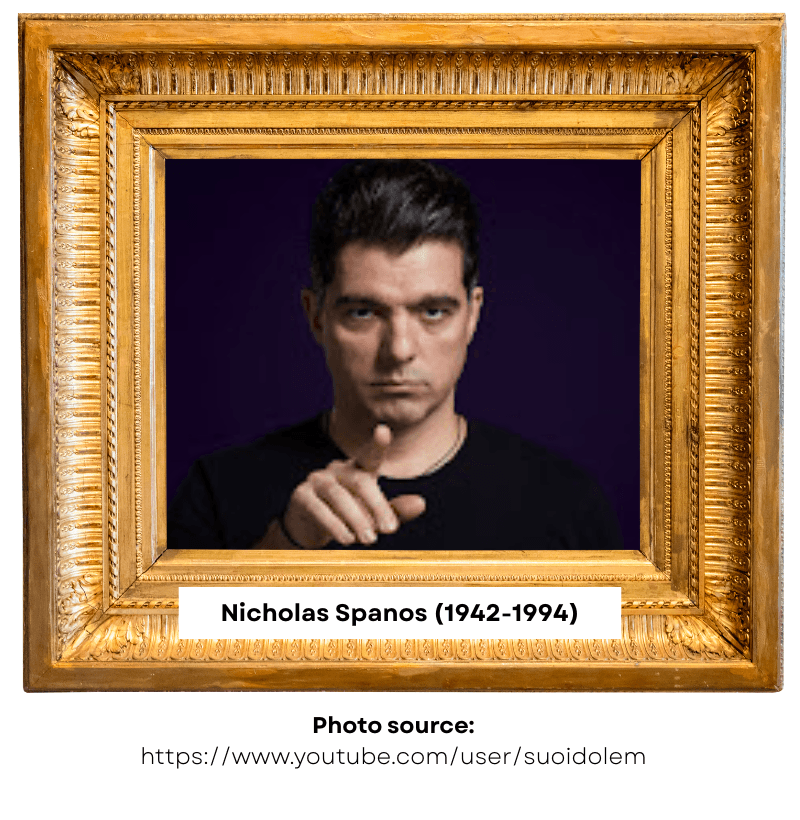 Nicholas Spanos portrait with a golden frame, purple backdrop and a black shirt, the subject pointing forward with a serious expression