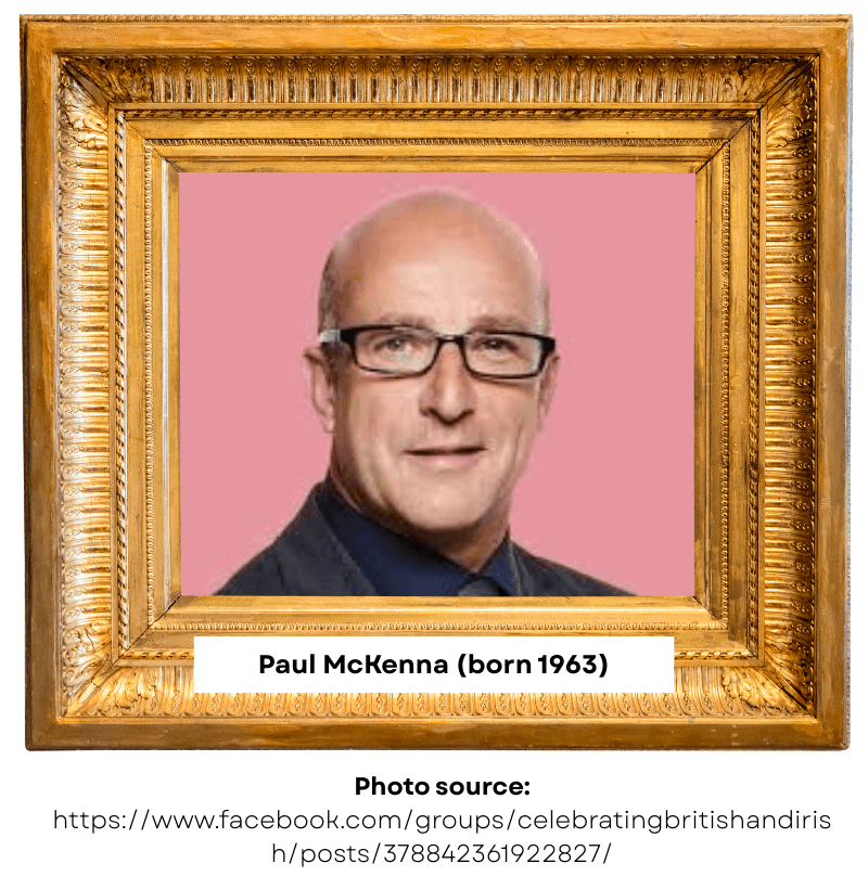 Portrait of Paul McKenna, bald with black rectangular glasses, wearing a dark suit, set against a pink background, framed