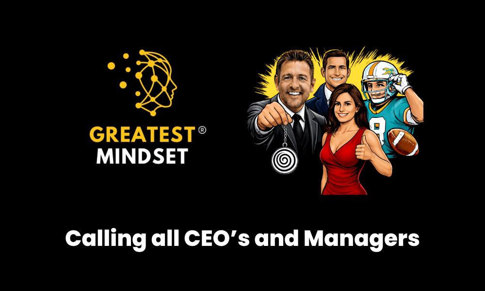 Greatest Mindset logo in yellow on black, with a group of cartoon figures including a manager and a football player, and bold text reading 'Calling all CEO's and Managers'