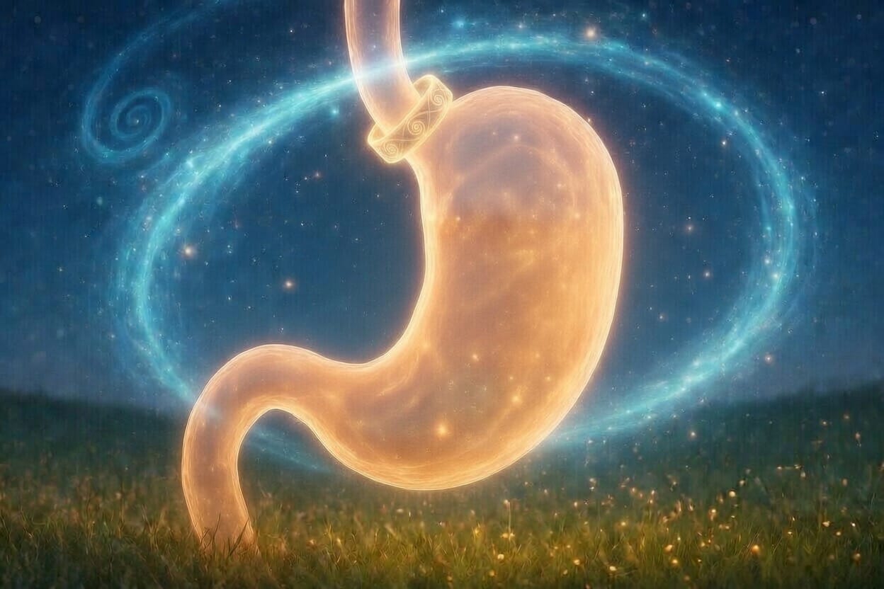 Glowing orange stomach illustration featuring a gastric band, with a luminous blue halo in a dark sky and grassy field backdrop