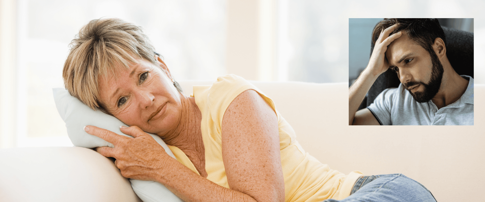 A tired woman rests on a pillow while an inset shows a distressed bearded man holding his forehead